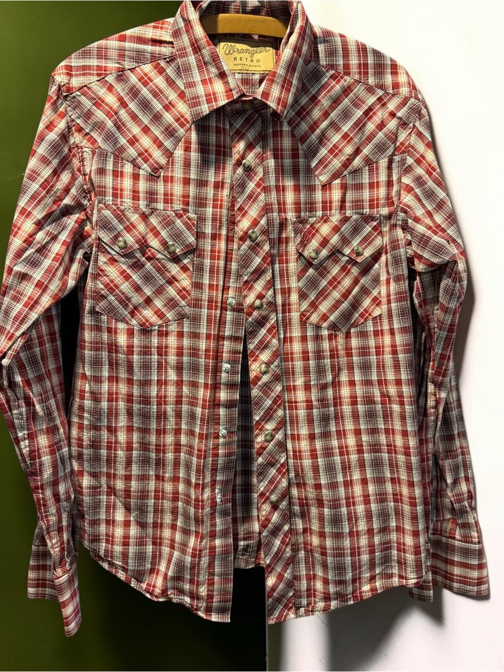 Wrangler Retro Western Shirt Red Plaid Pearl Snap Men's Size M 100% Cotton